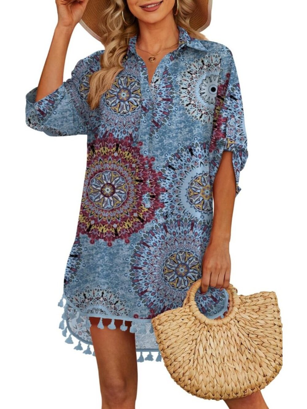 Women's Flower Mix Blue Polyester Cover Up Tassel Swimsuit Bathing Suit Swimwear